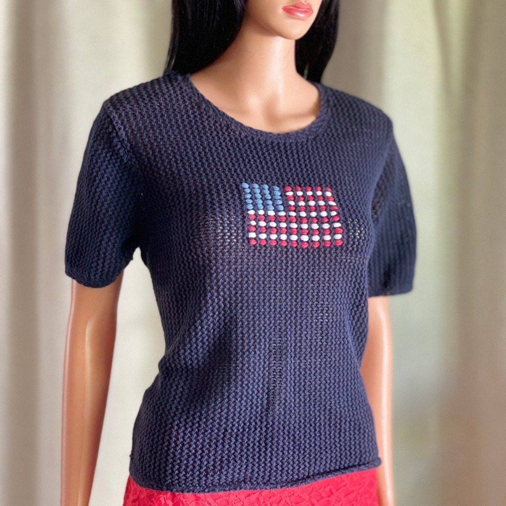 Vintage Y2K American Flag Open Knit Sweater Americana Navy Blue Ramie Cotton XL